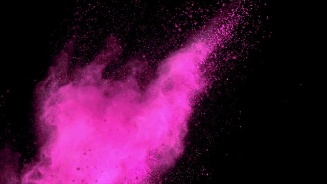 Realistic pink powder explosion on black background. Slow motion with acceleration in vertical motion