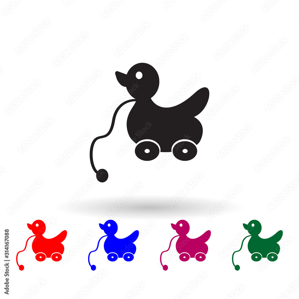 Poster duck on wheels multi color icon. simple glyph, flat vector of toys icons for ui and ux, website or m