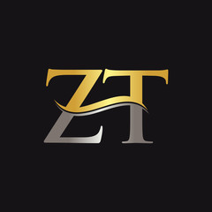 Initial Gold and Silver ZT Letter Linked Logo with Black Background. Creative Letter ZT Logo Design.