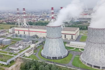 Soaring steam towers of nuclear power plant.