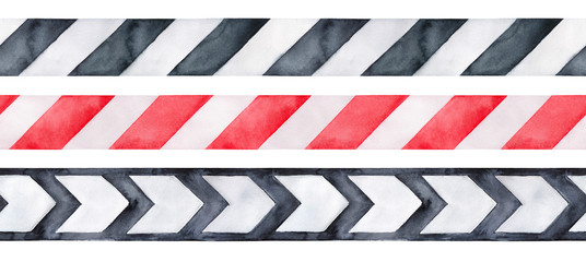 Various seamless ribbon collection with diagonal stripes, chevron arrows and artistic stains. Red, black, gray, white colors. Hand painted watercolour, isolated clip art elements for design and decor.