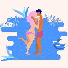 Passionate kiss on the sea, vector graphics. Template for postcards, banners, Valentine's day and other holidays.
