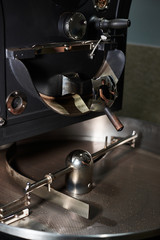 Coffee processing technology. Various parts of a modern coffee roasting machine. Close-up.