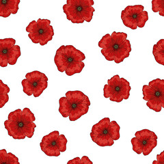 Saemless pattern with red poppy flowers. Papaver. Green stems and leaves. Hand drawn vector illustration. Isolated on white background.