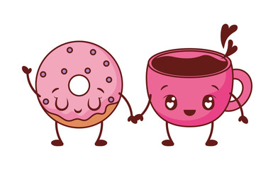 kawaii donut and coffee mug cartoon vector design