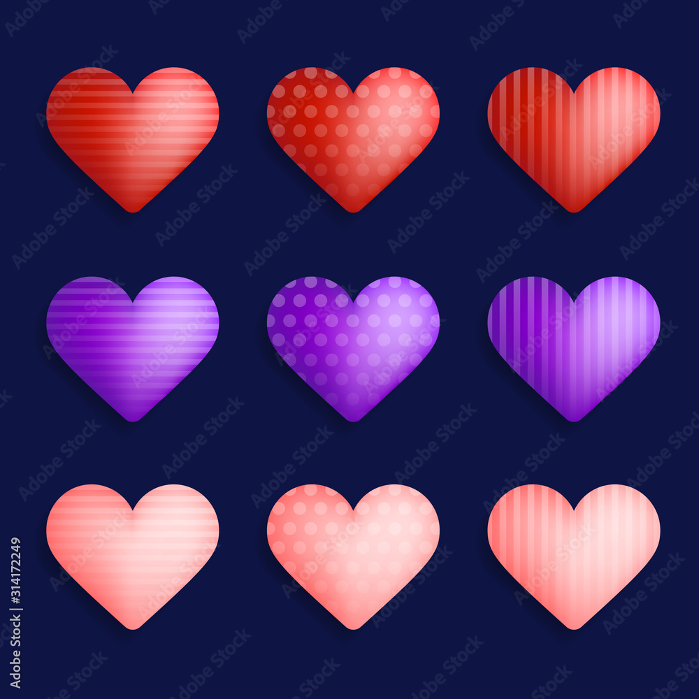 Poster vector set of colorful realistic hearts with shadow on dark background. vector red hearts collection