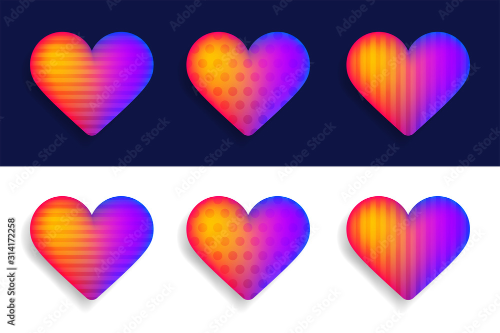 Poster vector set of colorful realistic hearts with shadow on dark background. vector red hearts collection