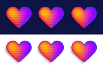 Vector set of colorful realistic Hearts with shadow on dark background. Vector red hearts collection. Set of three realistic hearts with shadows. Romantic Love