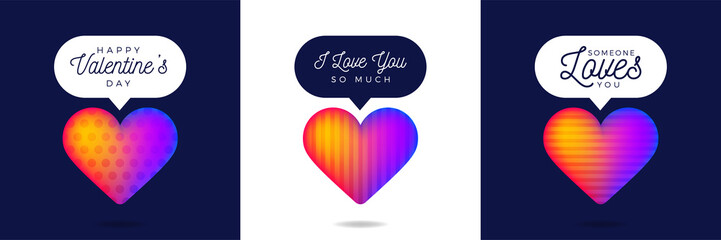 Three lovely card Valentine rainbow heart Like counter, comment follower and notification symbol vector illustration isolated on white and dark background.