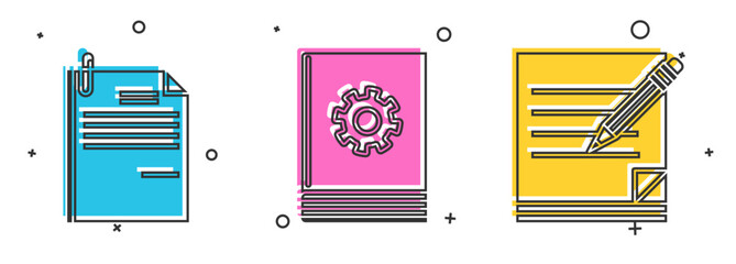 Set File document and paper clip, User manual and Blank notebook and pencil with eraser icon. Vector