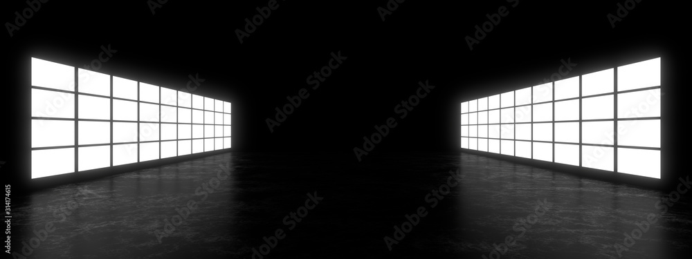 Poster empty dark space illuminated by a large rectangular lamp. blurry reflections on the concrete floor. 
