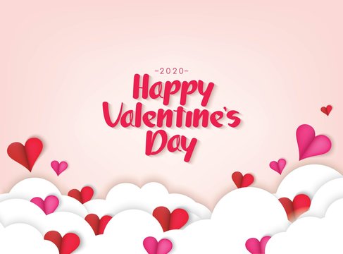Happy Valentine's Day Pink Background. Vector Design. 3D papercut Clouds and Hearts 