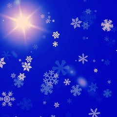 Background in blue with sunspot or light flare and snowflakes 