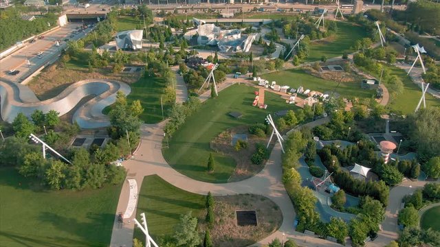 Aerial: Maggie Daley Park in downtown Chicago sunrise. Illinois, USA