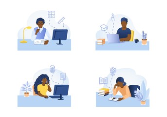 Set of vector cartoons on the topic of online education with people sitting alone at the desk with computers and do the learning
