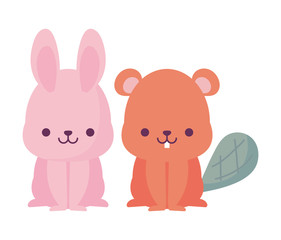 kawaii rabbit and beaver cartoons vector design