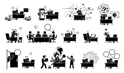 Busy executive, CEO, worker, or businessman at office stick figure pictogram icons. Vector illustrations of overworked, exhausted, tired, and overloaded man with too much work and distractions.