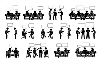 People conversation and communication with one another stick figure pictogram icons. Vector illustrations depict people or friends talking and chatting to each other in sitting and standing positions.