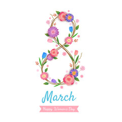 Women's Day design number 8 to wreath flowers on white background.