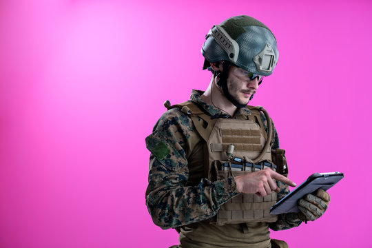 soldier using tablet computer closeup