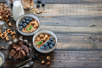 Homemade Chocolate Nut Granola with Fresh Blueberries.