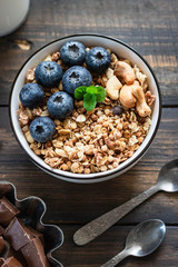 Homemade Chocolate Nut Granola with Fresh Blueberries.