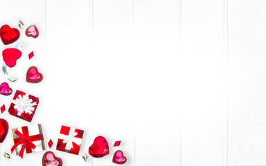 Valentine frame composition 3D rendering illustration, red gift box with ribbons, heart decorated on white wooden background, flat lay,top view, copy space for banner design or business sale promotion