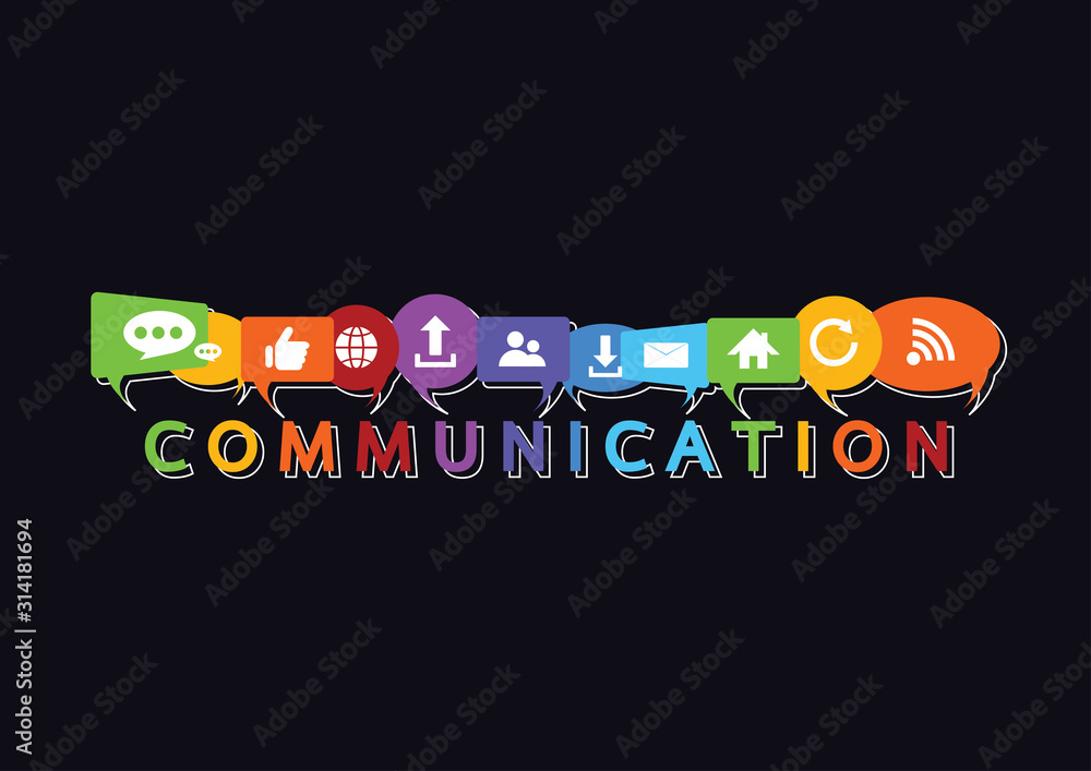 Poster vector illustration of a communication concept. the word communication with colorful dialog speech b