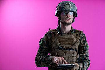 soldier using tablet computer closeup