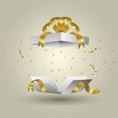 A white gift box tied with a golden ribbon Burst of the gold color gradient background
