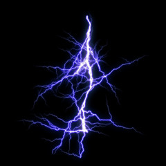 Blue Lightning flash Thunderbolt isolated on black background.