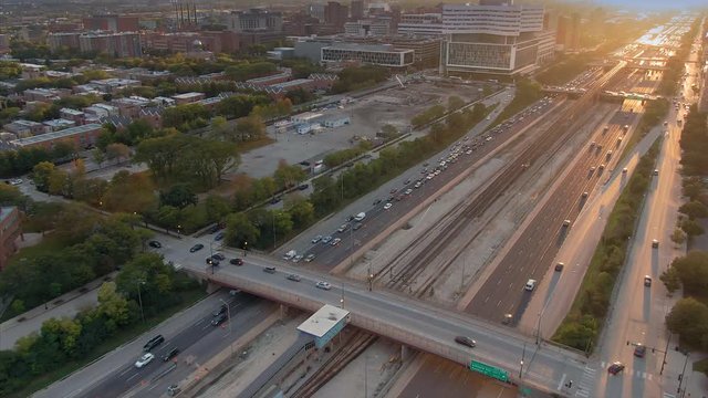 Aerial: Freeway rush hour traffic on the 290 Freeway. Chicago, Illinois, USA