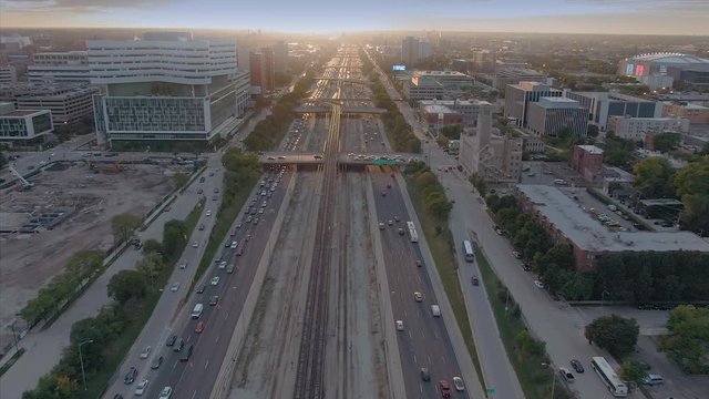 Aerial: Freeway rush hour traffic on the 290 Freeway. Chicago, Illinois, USA