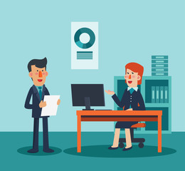 Businessman and business woman talking and discussing in office. Teamwork process vector concept