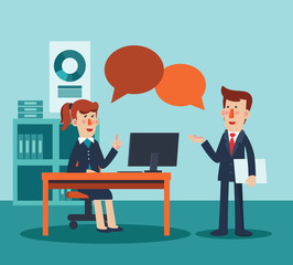 Businessman and business woman talking and discussing in office. Teamwork process vector concept