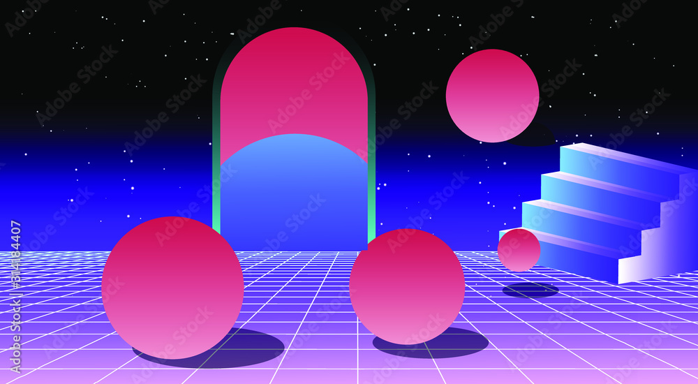 Poster Retrowave/ vaporwave/ synthwave style illustration with staircase and arch on laser grid with floating in zero gravity spheres above. Surreal retrofuturistic backround.