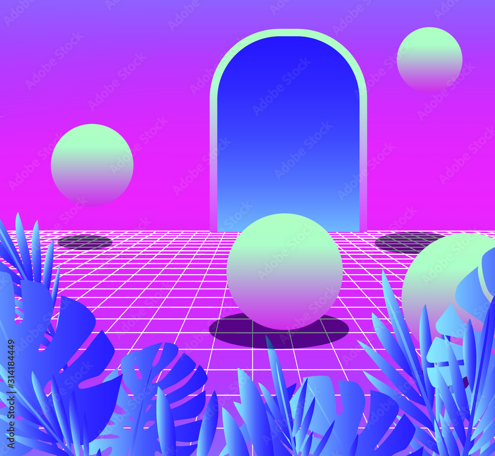 Poster Retrowave/ vaporwave/ synthwave style illustration with palm leaves and arch on laser grid with floating in zero gravity spheres above. Surreal retrofuturistic backround.