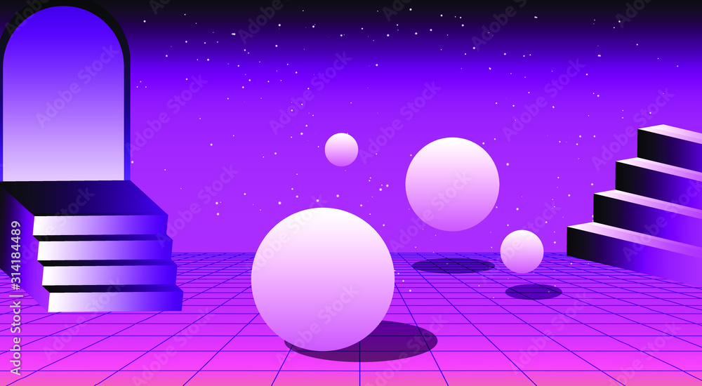 Poster Retrowave/ vaporwave/ synthwave style illustration with staircase and arch on laser grid with floating in zero gravity spheres above. Surreal retrofuturistic backround.