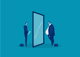 businessman looking at the mirror standing with fat belly. compare body thin vector