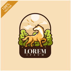 Horse with tree and sky background safari zoo logo vector