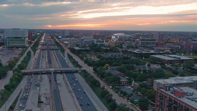 Aerial: Freeway rush hour traffic on the 290 Freeway. Chicago, Illinois, USA