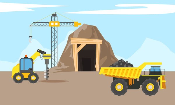 Mining industry flat composition with coal loading by excavator to truck on factory background vector illustration