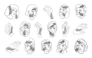 Abstract minamal face and hand line art. Set elegant women sketch.