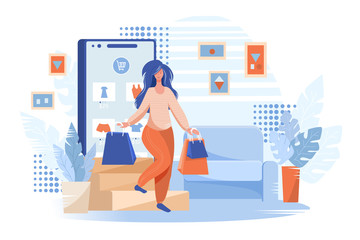 Woman shops online using mobile phone. Girl walked out from smartphone with shopping bags. Vector web site design template. Landing page website concept illustration