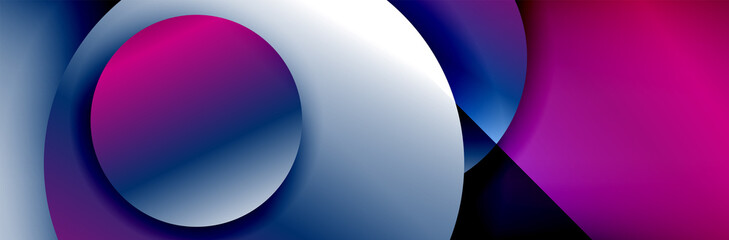 Dynamic trendy geometrical abstract background. Circles, round shapes 3d shadow effects and fluid gradients. Modern overlapping round forms