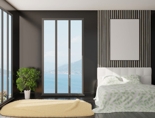 Fototapeta premium Interior of the bedroom with dark walls and panoramic windows. Template of an empty poster on the wall for photos and lettering. 3D rendering. 3D illustration.