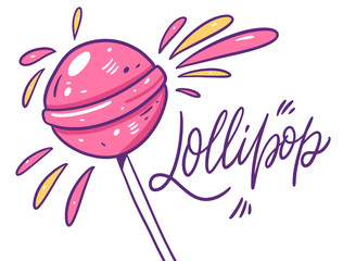 Pink sweet lollipop. Poster concept. Vector illustration. Cartoon style.