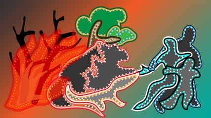 The abstract background illustration picture of the group of people help the group of animals from the Australia bushfires. ( vector )