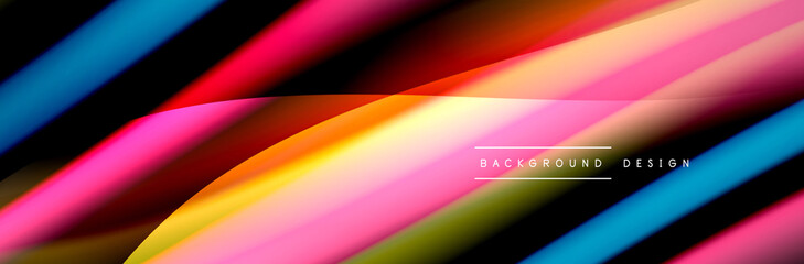 Сolorful flow poster. Wave liquid lines and shapes in black color background. Vector Illustration