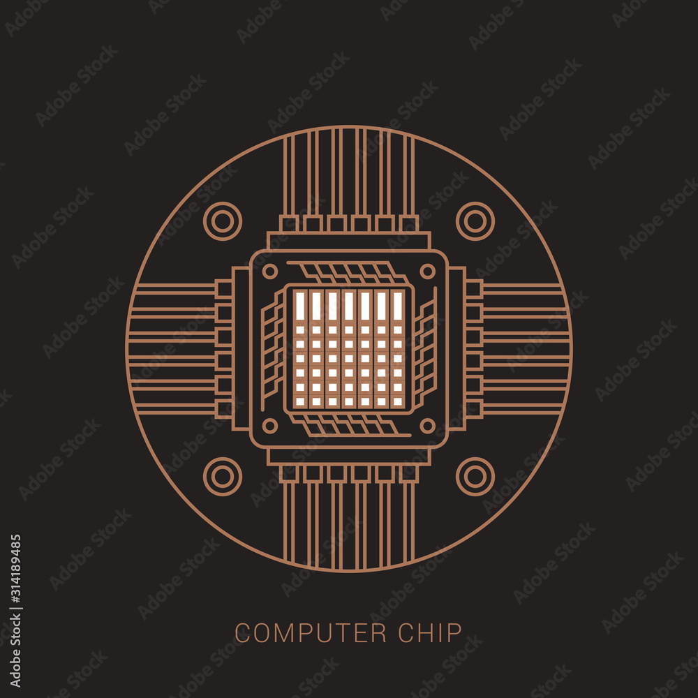 Poster flat style icon computer processor with microcircuits. brown and white color with outline concept.